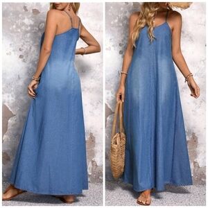 New Casual Woven Cotton Denim Cami Jumper Dress Blue